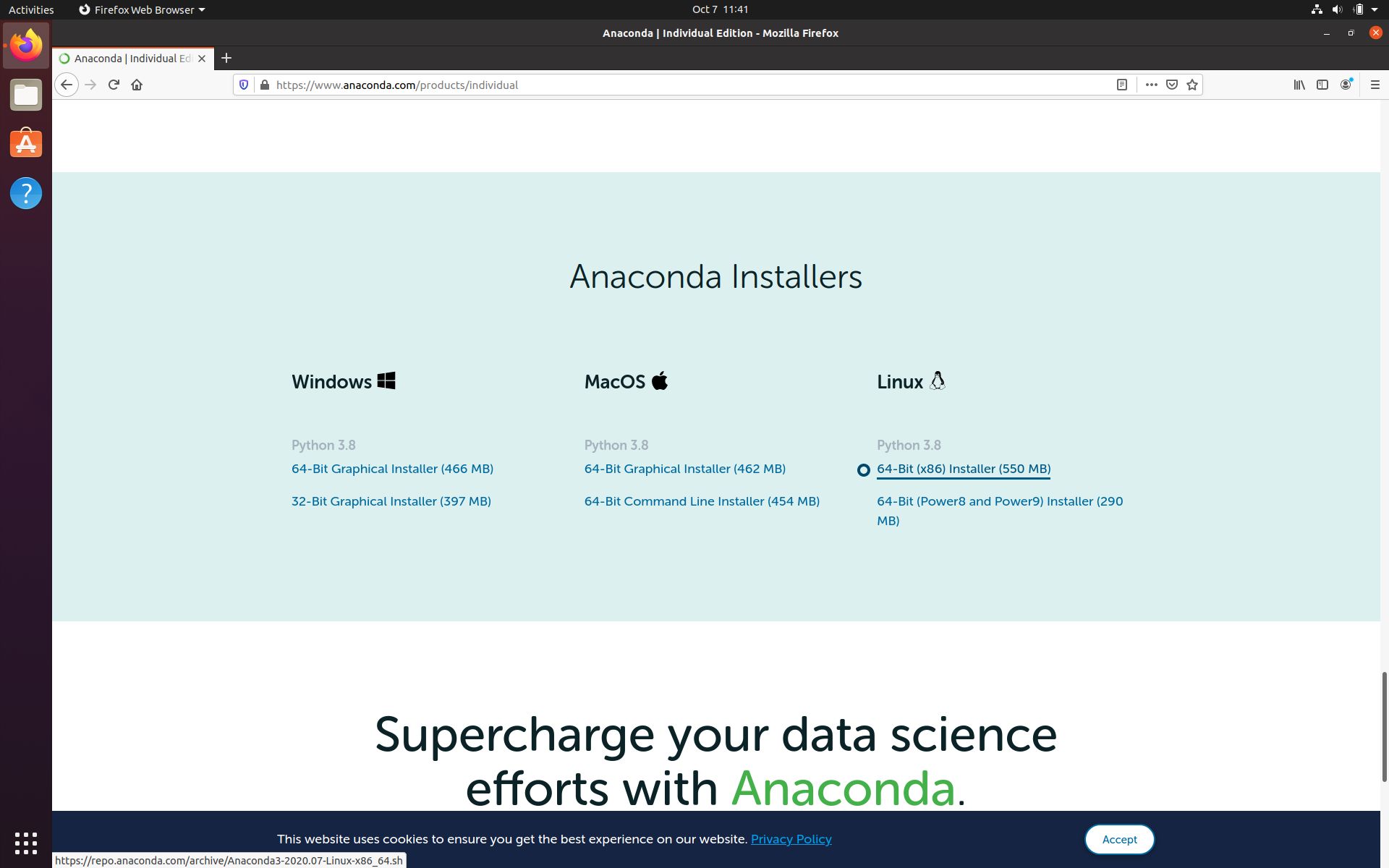 Anaconda webpage scrolled